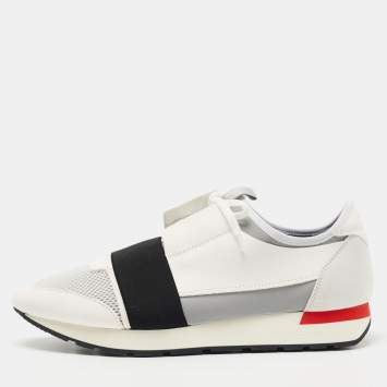 Pre Owned Balenciaga White/Grey Leather and Mesh Race Runner Sneakers Size 44