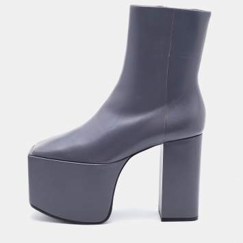 Pre Owned Balenciaga Grey Leather Block Heel Platform Ankle Length Boots Size 38