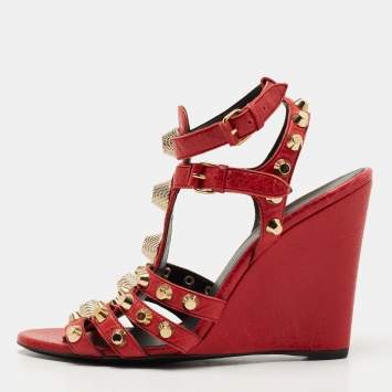 Pre Owned Balenciaga Red Leather Arena Wedge Sandals Size 40