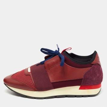 Pre Owned Balenciaga Burgundy Leather and Mesh Race Runner Sneakers Size 39