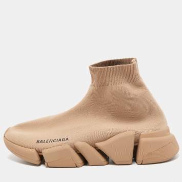 Pre Owned Balenciaga Brown Knit Fabric Speed Trainer Sneakers Size 37