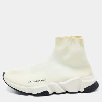 Pre Owned Balenciaga Off White Knit Fabric Speed Trainer Sneakers Size 39