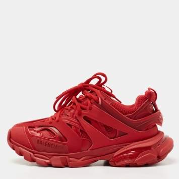 Pre Owned Balenciaga Red Mesh and Synthetic Leather Track Low Top Sneakers Size 39