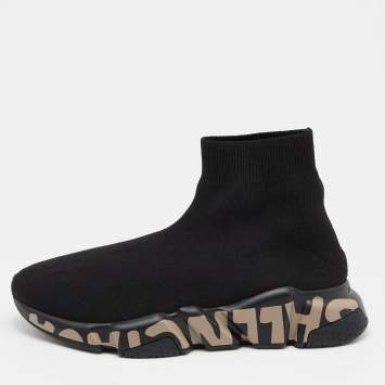 Pre Owned Balenciaga Black Knit Fabric Logo Speed Trainer Sneakers Size 38