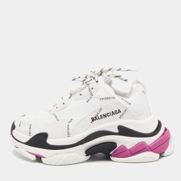 Pre Owned Balenciaga White Leather Triple S All Over Logo Sneakers Size 37