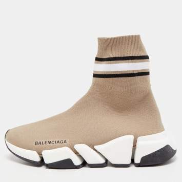 Pre Owned Balenciaga Light Brown Knit Fabric Speed Trainer Sneakers Size 38