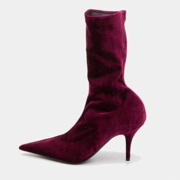 Pre Owned Balenciaga Purple Velvet Knife Booties Size 39