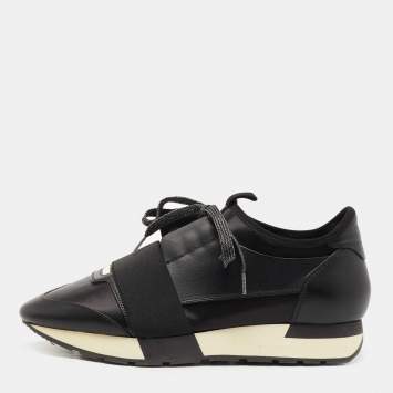 Pre Owned Balenciaga Black Leather and Satin Race Runner Sneakers Size 39