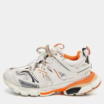 Pre Owned Balenciaga Off White/Orange Leather and Mesh Track Sneakers Size 38