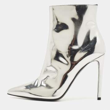 Pre Owned Balenciaga Silver Leather Ankle Booties Size 39