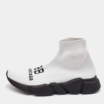 Pre Owned Balenciaga White Logo Print Knit Fabric Speed Sneakers Size 38