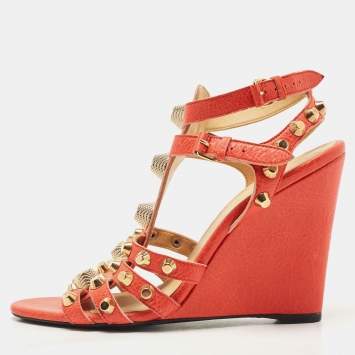 مملوكة مسبقًا Balenciaga Orange Leather Arena Wedge Sandals Size 41