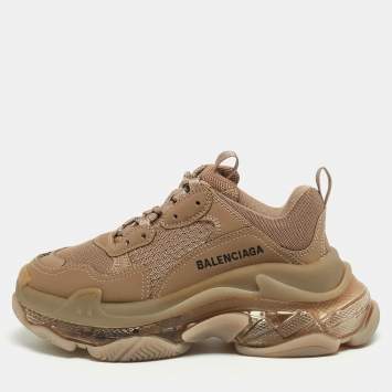 Pre Owned Balenciaga Brown Faux Leather and Mesh Triple S Low Top Sneakers Size 36