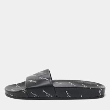 Pre Owned Balenciaga Black Leather Flat Slides Size 36