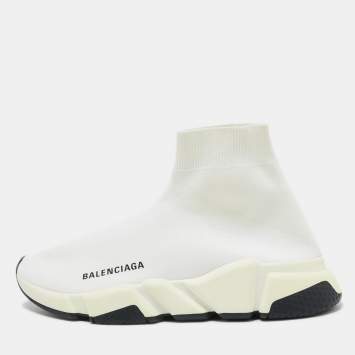 Pre Owned Balenciaga Off White Knit Fabric Speed Trainer Sneakers Size 37