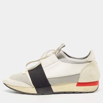Pre Owned Balenciaga White/Grey Leather and Mesh Race Runner Sneakers Size 39