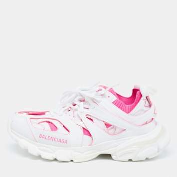 Pre Owned Balenciaga White/Pink Rubber and Knit Fabric Track Sneakers Size 38