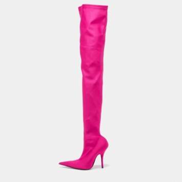 Pre Owned Balenciaga Pink Satin Knife Over The Knee  Boots Size 37
