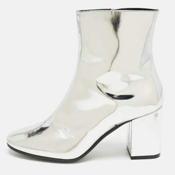 Pre Owned Balenciaga Silver Patent Leather Zip Ankle Boots Size 36