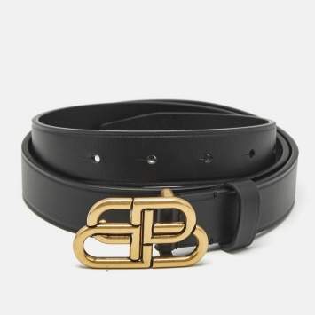Pre Owned Balenciaga Black leather BB Logo Slim Belt 85CM