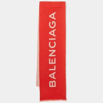 Pre Owned Balenciaga Red/Pink Logo Intarsia Cashmere Scarf 