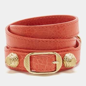 Pre Owned Balenciaga  Studded Arena Leather Gold Tone Triple Tour Bracelet 