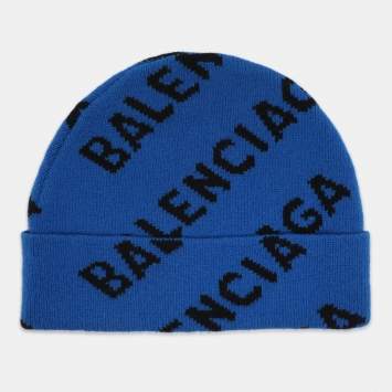 Pre Owned Balenciaga Blue Monogram Wool Knit Beanie