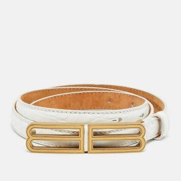 مملوكة مسبقًا حزام بالنسياغا BB جلد أبيض منقوش كروك بإبزيم 80 سم