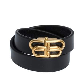 Pre Owned Balenciaga Black Leather BB Double Wrap Bracelet S
