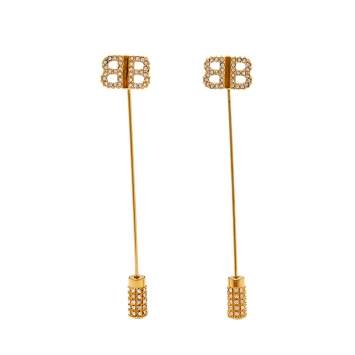 Pre Owned Balenciaga Gold Tone BB Crystal Pin Drop Earrings