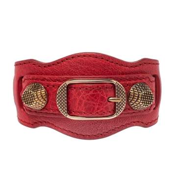 Pre Owned Balenciaga Red Leather Arena Giant Studded Rose Gold Tone Bracelet