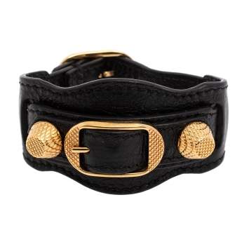Pre Owned Balenciaga Black Leather Arena Giant Studded Gold Tone Bracelet
