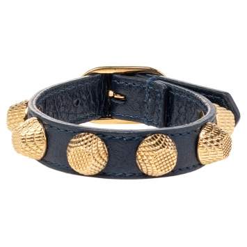 Pre Owned Balenciaga Arena Giant Gold Tone Studded Navy Blue Leather Bracelet M