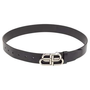 Pre Owned Balenciaga Black Leather BB Buckle Belt 85cm