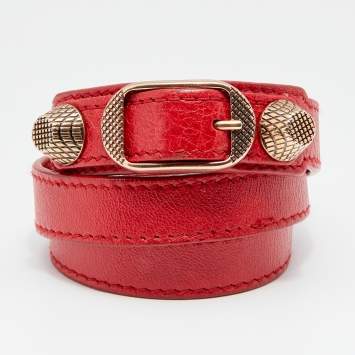Pre Owned Balenciaga Red Leather Studded Arena Tripe Tour Bracelet S