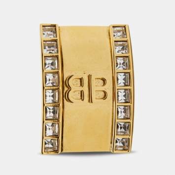 Pre Owned Balenciaga Logo Crystals Gold Tone Metal Ear Cuff