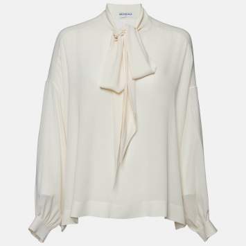 Pre Owned Balenciaga Cream Silk Crepe Neck Tie-Up Top S