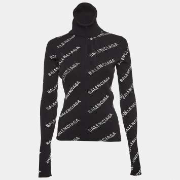 Pre Owned Balenciaga Black Logo Print Rib Knit Turtleneck Sweater M