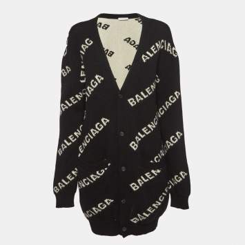 Pre Owned Balenciaga Black Logo Rib Knit Oversized Cardigan XL