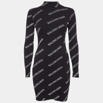 Pre Owned Balenciaga Black Logo Print Rib Knit Bodycon Dress M