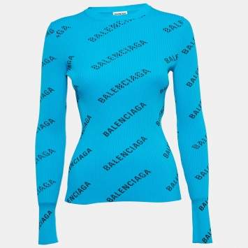 مملوكة مسبقًا Balenciaga Blue Logo Print Rib Knit Full Sleeve Top S