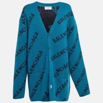 Pre Owned Balenciaga Blue Monogram Jacquard Wool Knit Long Archetype Cardigan L