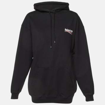 Pre Owned Balenciaga Black Logo Print Cotton Knit Hoodie XS