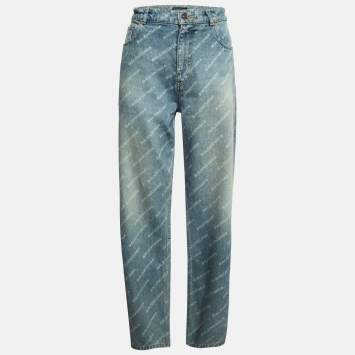 Pre Owned Balenciaga Blue Washed & Distressed Logo Print Denim Unisex Jeans S Waist 34"