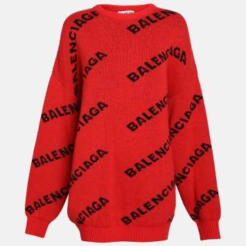 Pre Owned Balenciaga Red All Over Logo Intarsia Wool Knit Oversized Sweater L