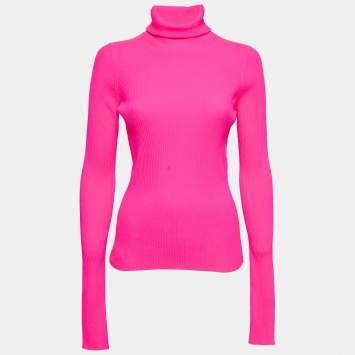 Pre Owned Balenciaga Neon Pink Rib Knit Turtleneck Sweater M