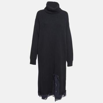 Pre Owned Balenciaga Black Rib Knit Wool Turtle Neck Midi Dress S