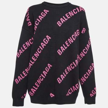 Pre Owned Balenciaga Black Monogram Patterned Cotton & Wool Blend Knit Sweatshirt M