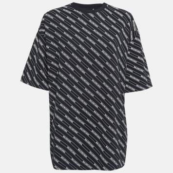 Pre Owned Balenciaga Black Logo Print Cotton Knit Oversized Crew Neck T-Shirt M