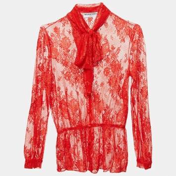 Pre Owned Balenciaga Red Sheer Lace Neck Tie-Up Top M